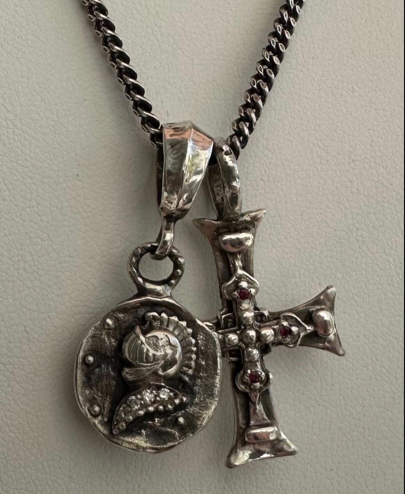 Ancient Cross & Knight Medalion
Sterling Silver Ruby Cross & Diamond Knight Medallion Double Charm Necklace