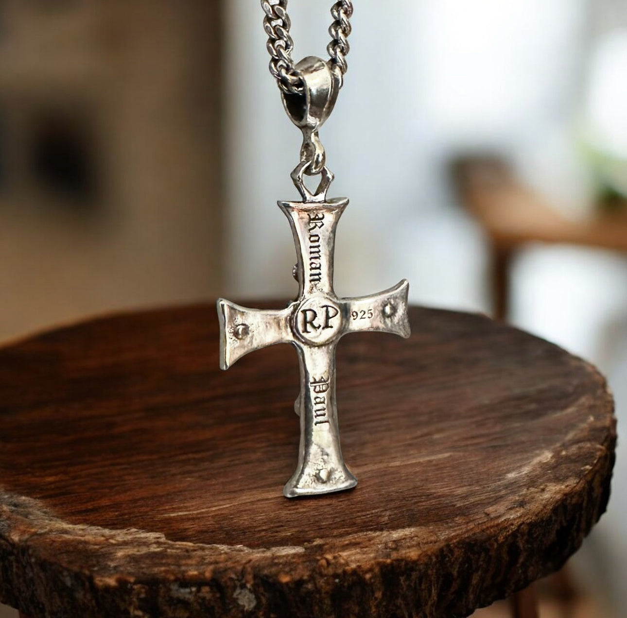 Roman Paul Sterling Silver Double Cross Necklace with White Diamonds and Red Rubies