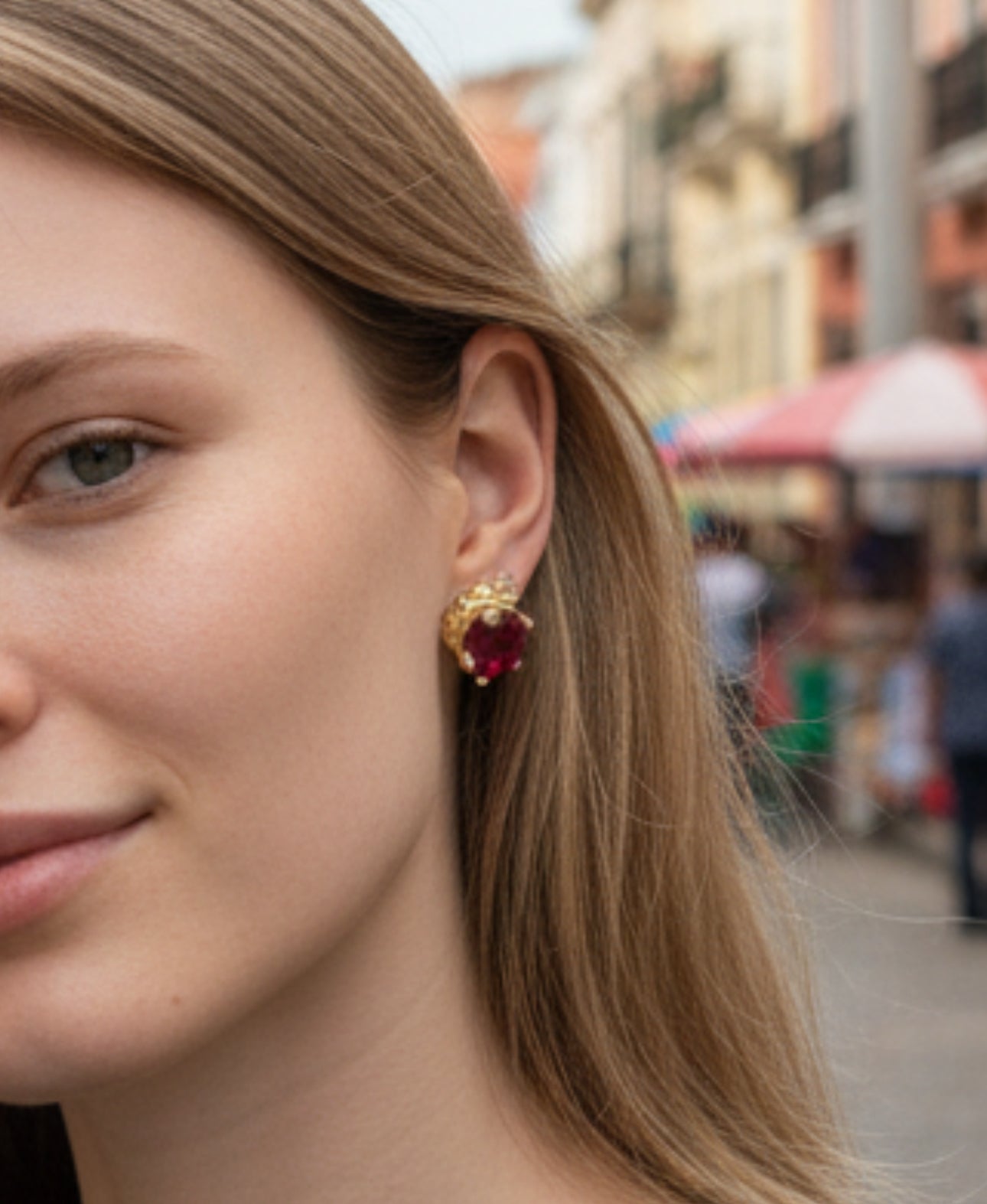 Sterling Silver Crown Stud Earrings with Red Diamond CZ