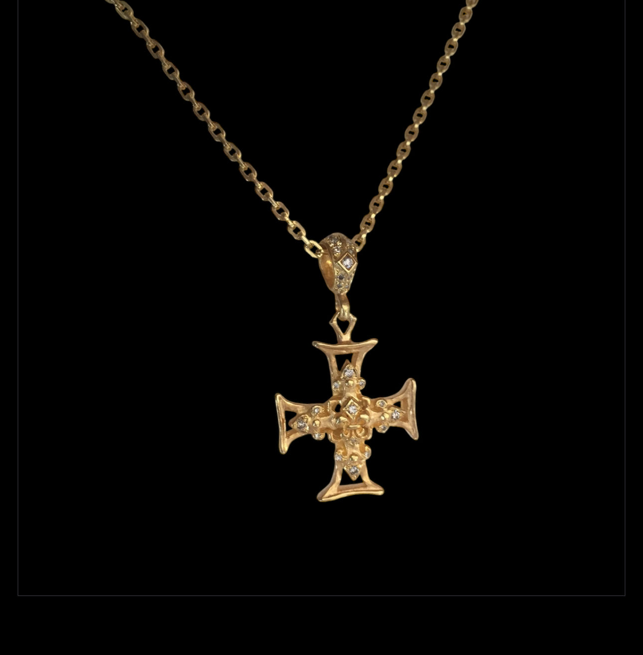 Necklace - Golden Fleur de Lis Cross with Diamonds