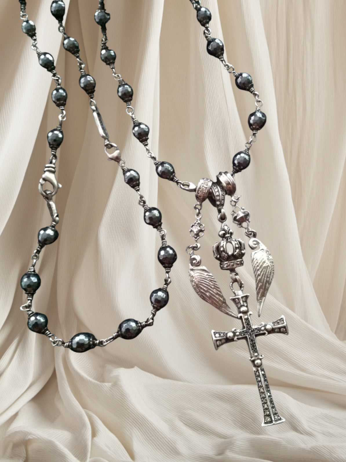 Sterling Silver Multi Charm Diamond Cross with Diamond Crown and Wings