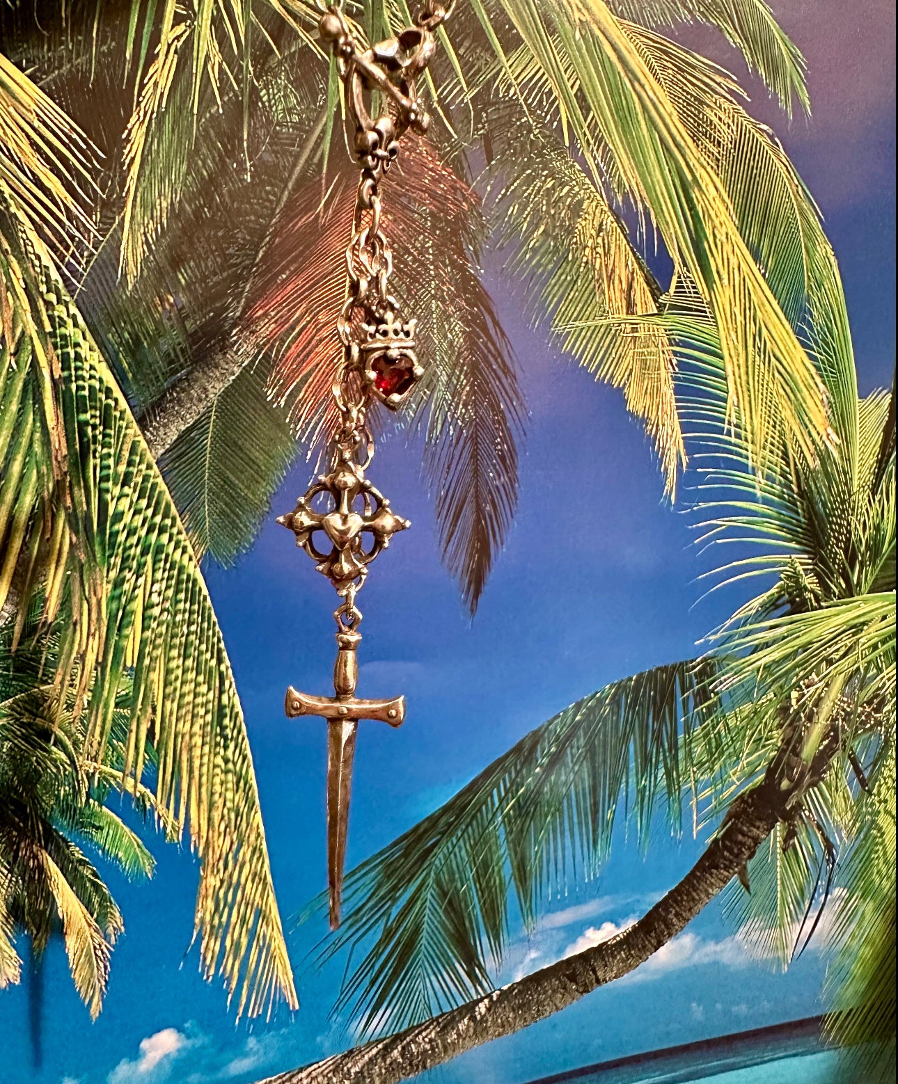 Triple Charm Sword and Garnet Heart w Crown