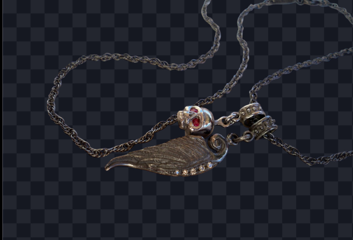 Sterling Silver Diamond Pave Wing & Skull