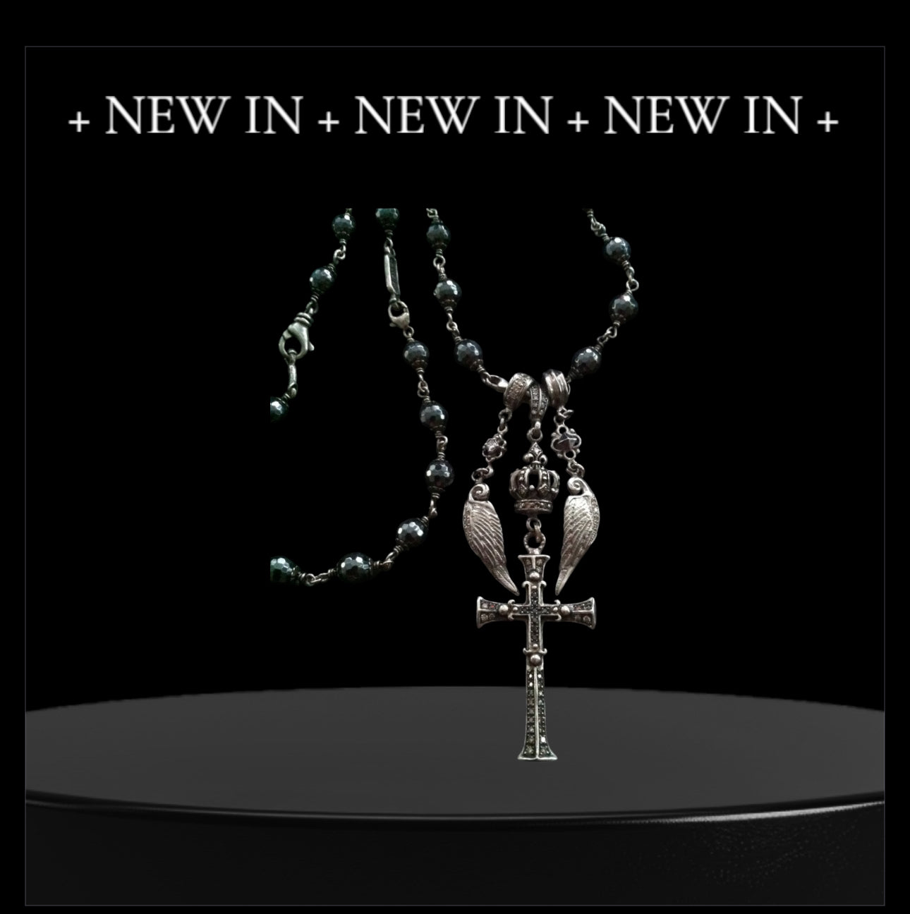 Sterling Silver Multi Charm Diamond Cross with Diamond Crown and Wings