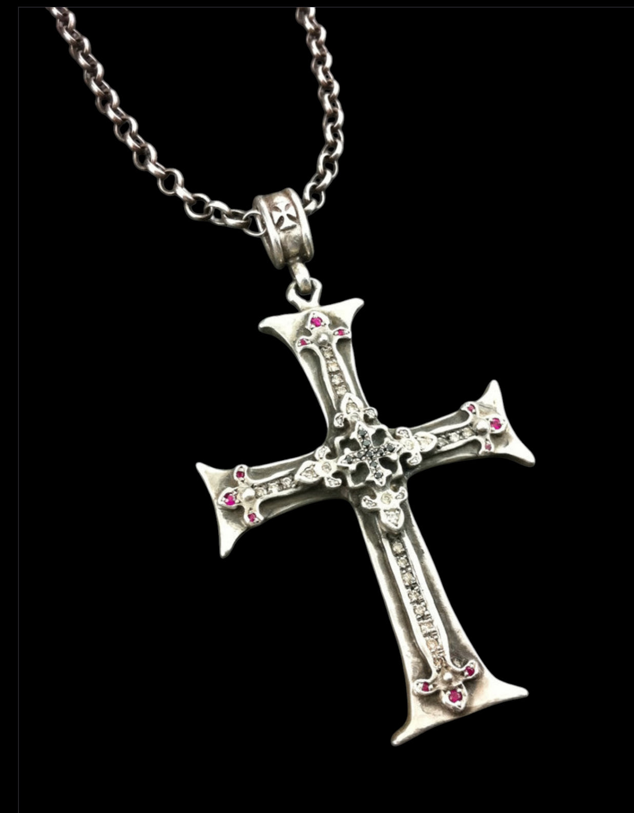 Sterling Silver Renaissance Fleur De Lis Cross with Diamond & Ruby Pave Necklace