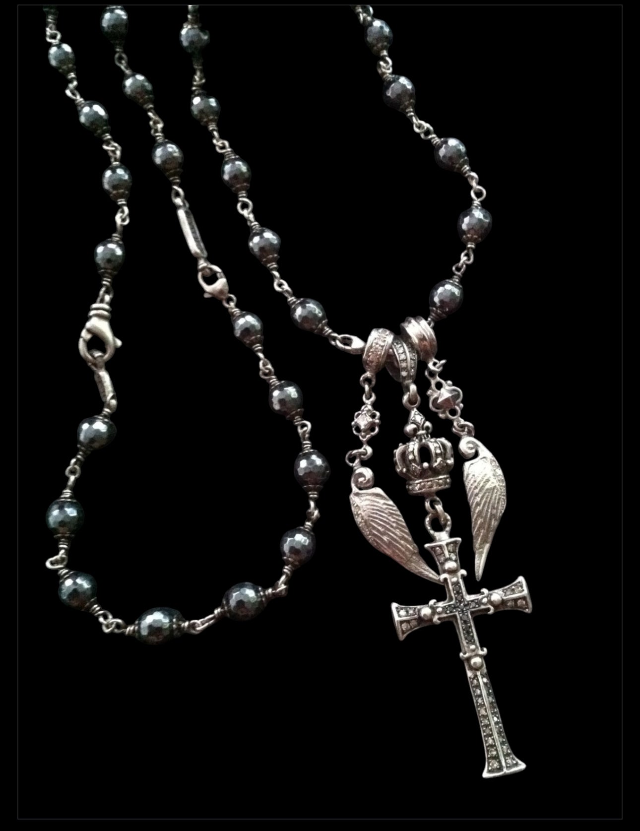 Sterling Silver Multi Charm Diamond Cross with Diamond Crown and Wings