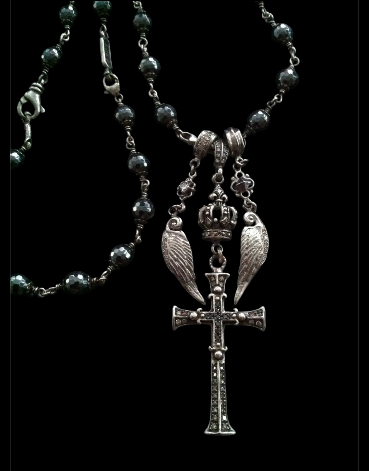 Sterling Silver Multi Charm Diamond Cross with Diamond Crown and Wings