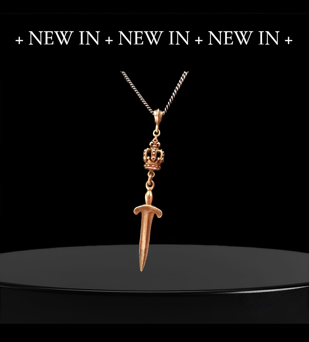 Necklace - Silver Rose-gold Ruby Crown and Sword