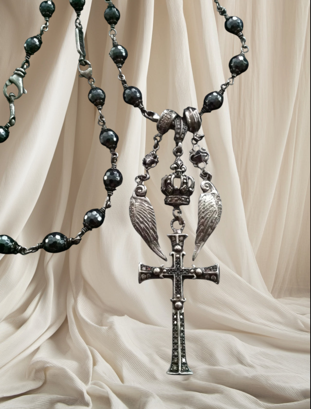 Sterling Silver Multi Charm Diamond Cross with Diamond Crown and Wings