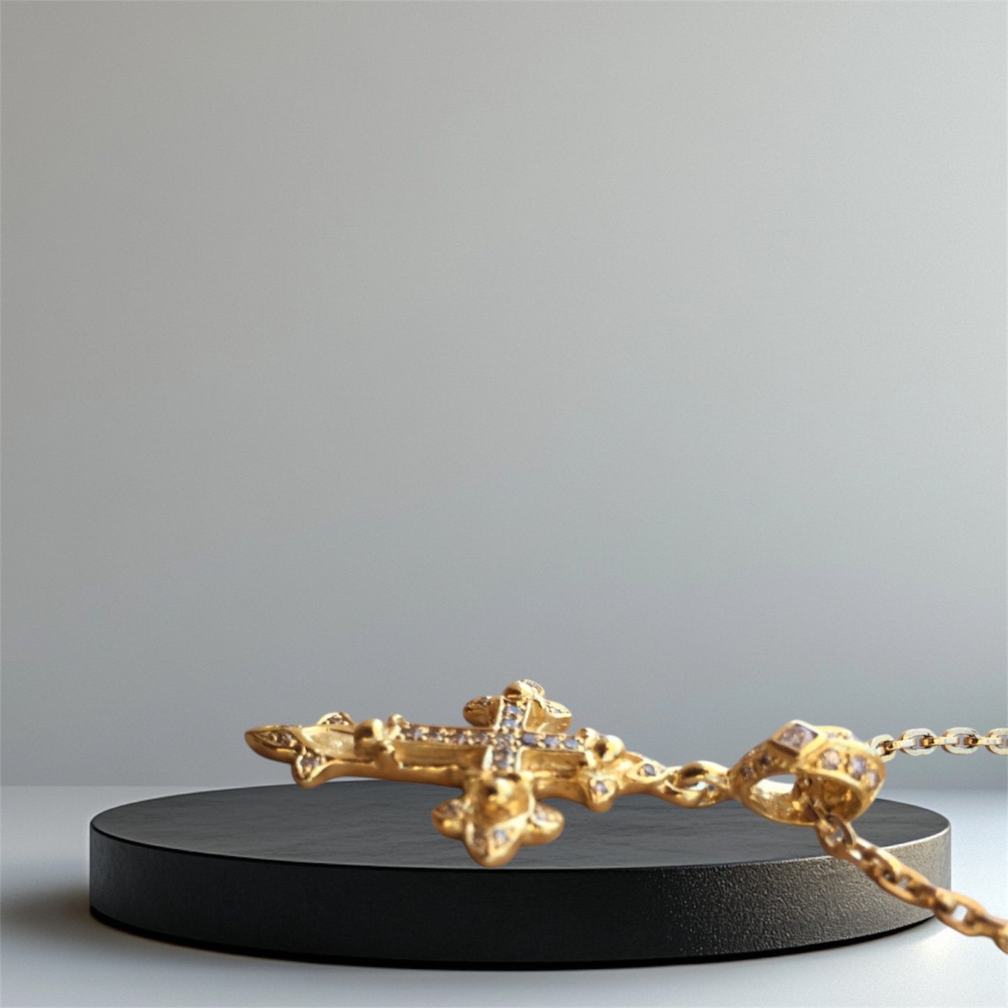 Necklace - Golden Double Cross with Diamonds