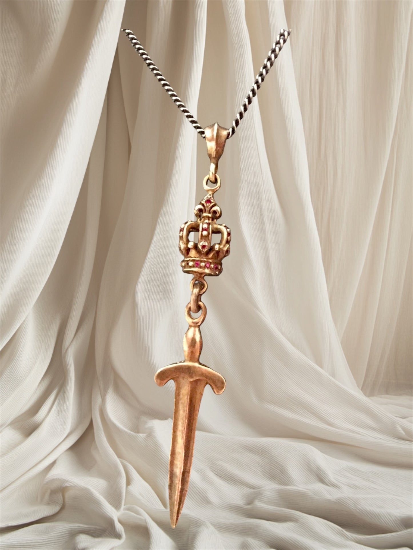 Necklace - Silver Rose-gold Ruby Crown and Sword