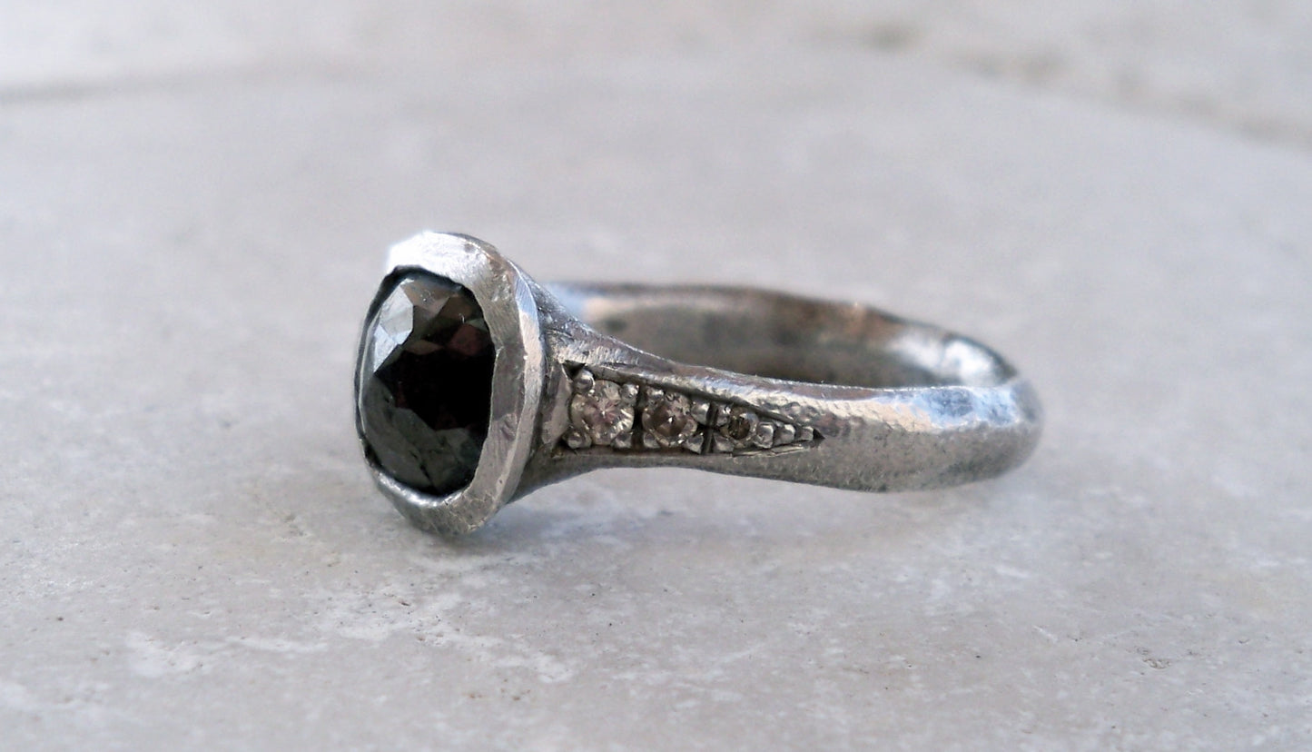 Sterling Silver Black Diamond Ring with Champange Diamond Pave