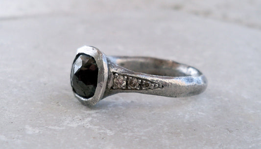 Sterling Silver Black Diamond Ring with Champange Diamond Pave