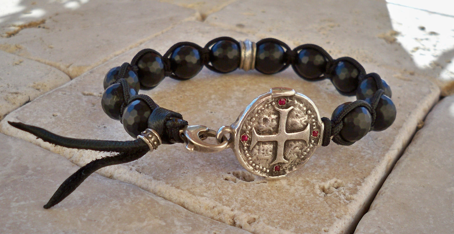 Sterling Silver Cross Medallion Ruby Set Bracelet with Black Faceted Onyx Beads