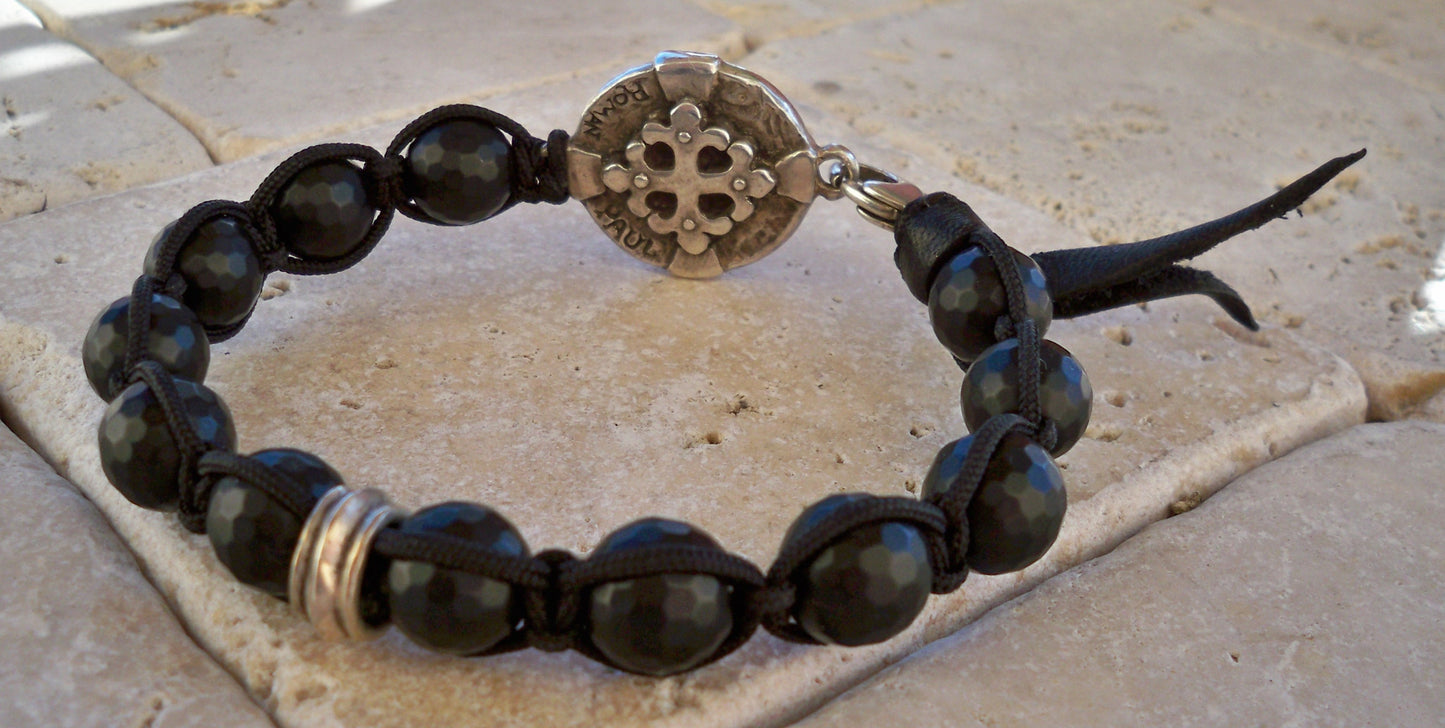 Sterling Silver Cross Medallion Ruby Set Bracelet with Black Faceted Onyx Beads