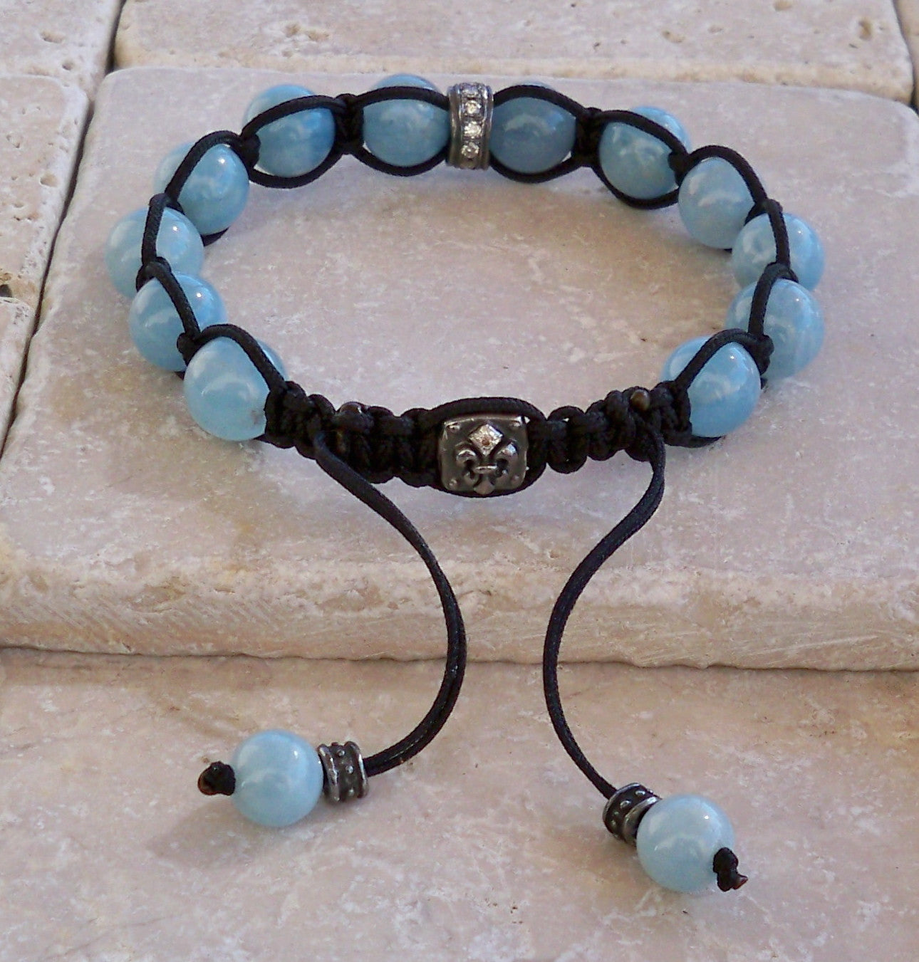 Sterling Silver Diamond Pave Fleur De Lis Bracelet with Aquamarine Beads