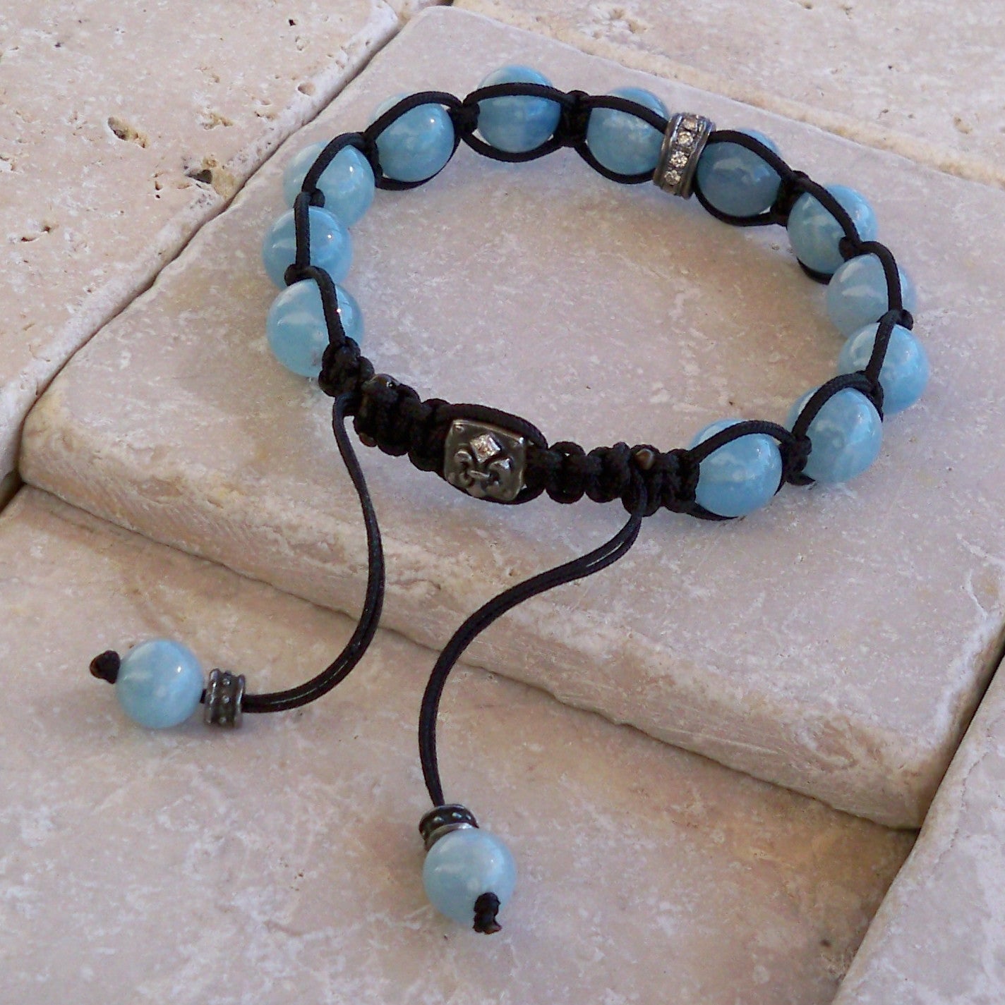 Sterling Silver Diamond Pave Fleur De Lis Bracelet with Aquamarine Beads