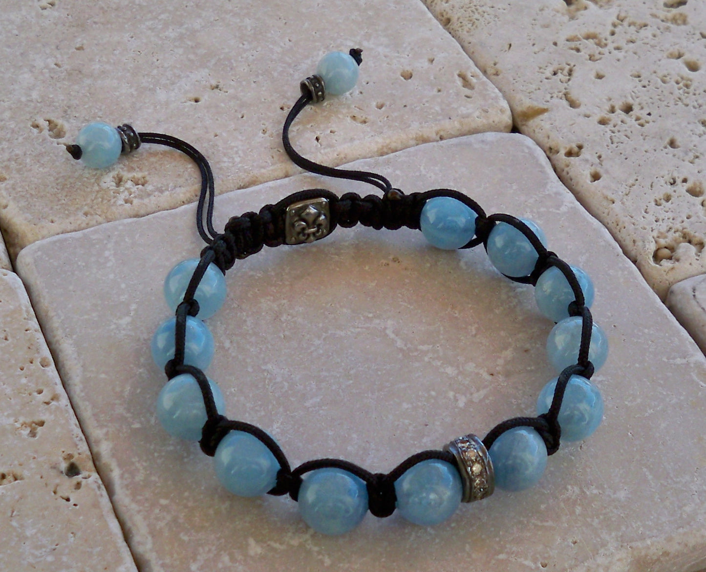 Sterling Silver Diamond Pave Fleur De Lis Bracelet with Aquamarine Beads