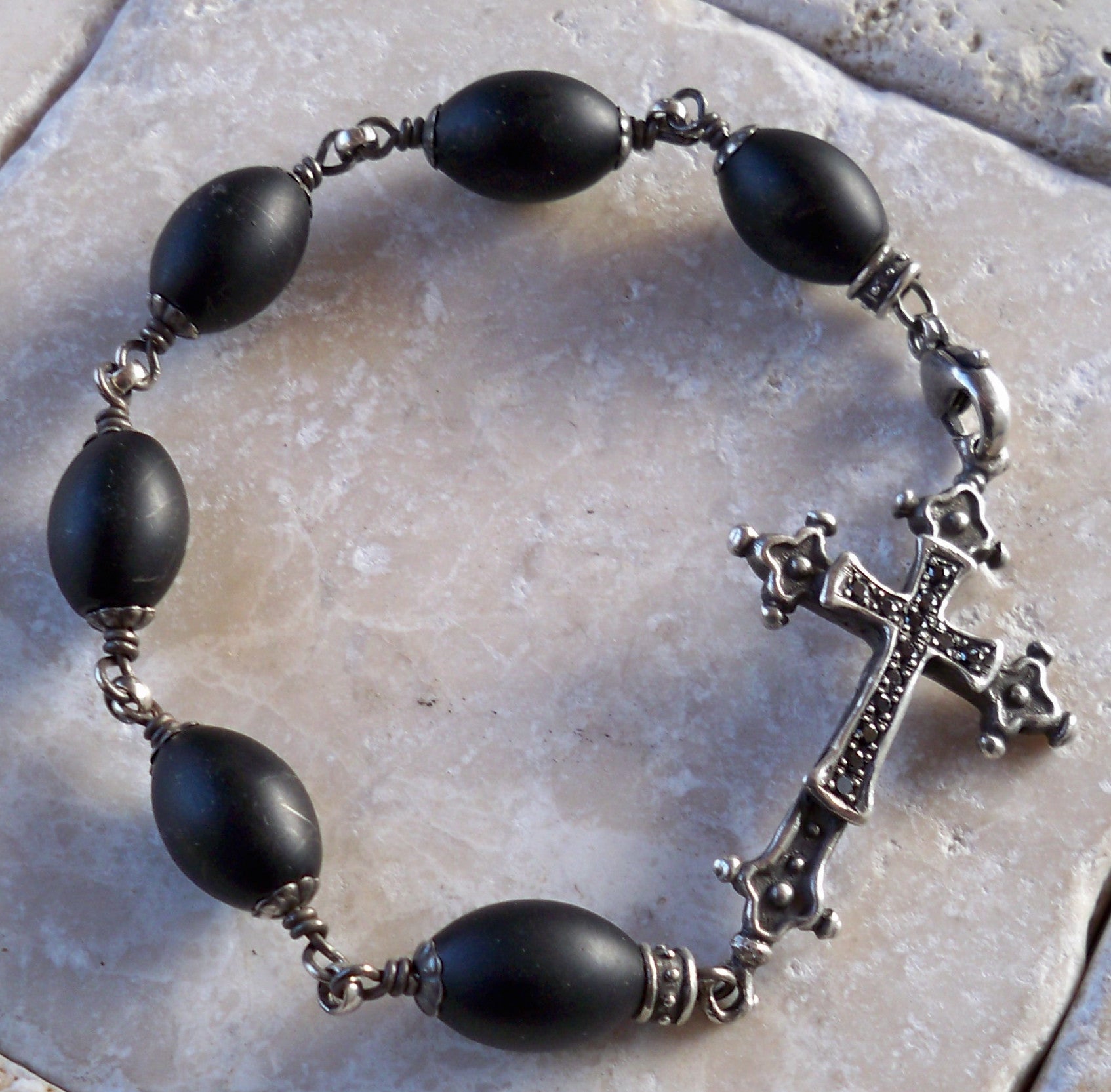 Silver diamond cross rubies onyx beads