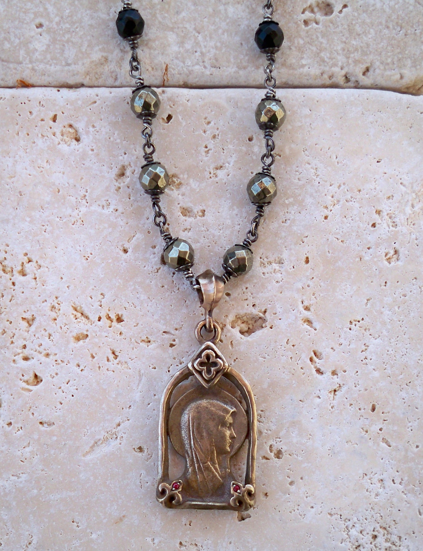 Necklace - Bronze Madonna with Rubies