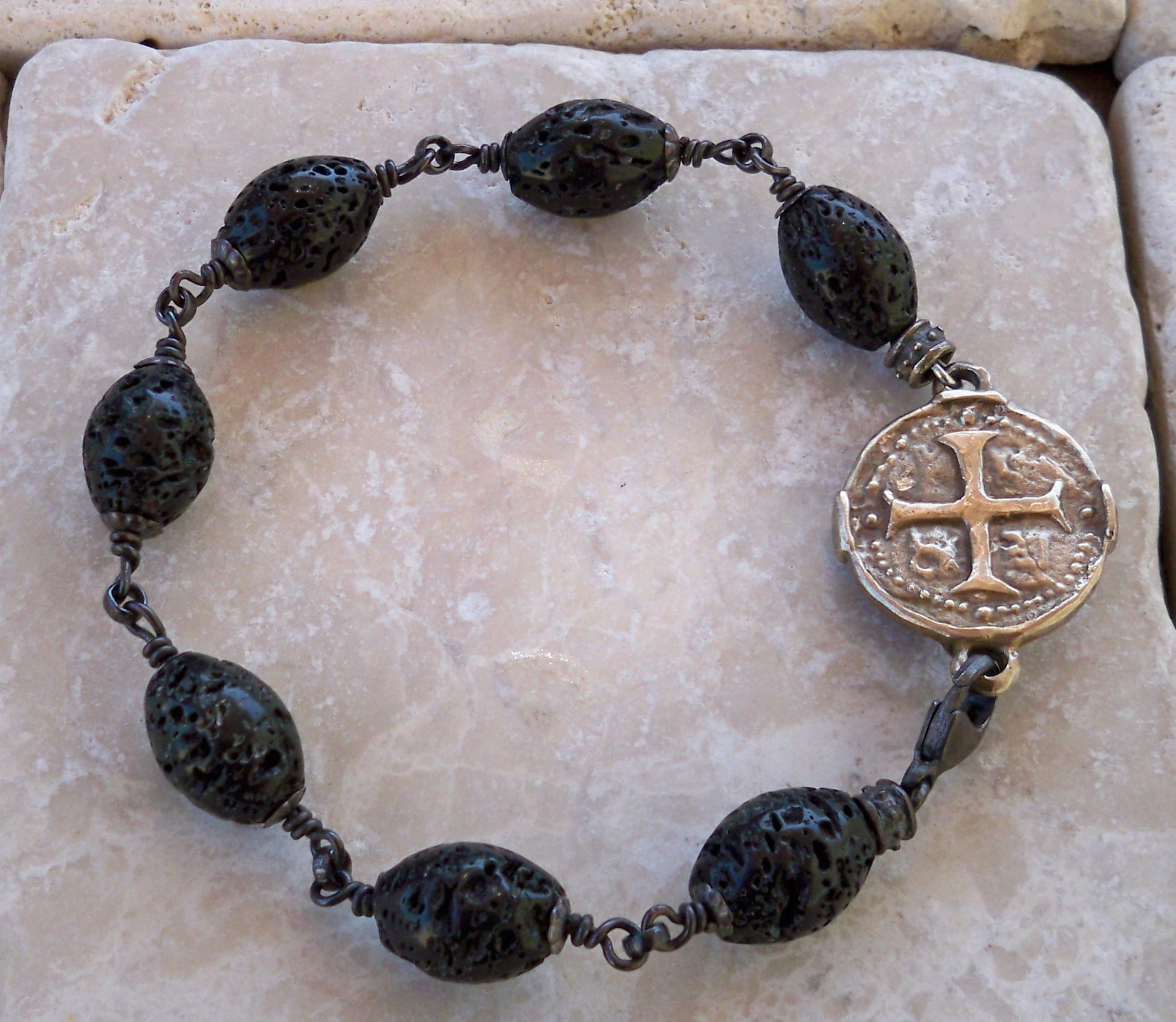 Bronze Medallion Bracelet & Lava Beads by Roman Paul