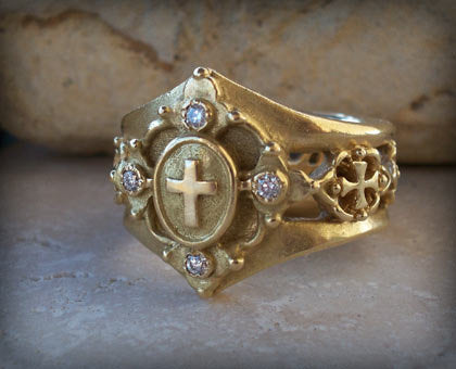 Jewelry designer art cathedral 18k gold ring and diamonds