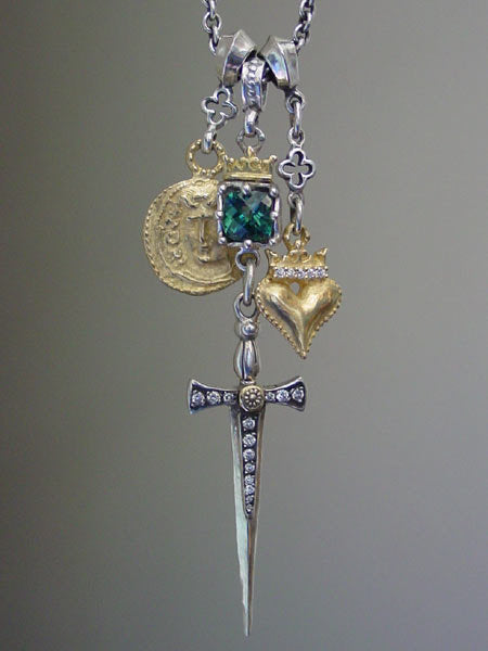 Gold & Silver Triple Charm Necklace & Green Tourmaline