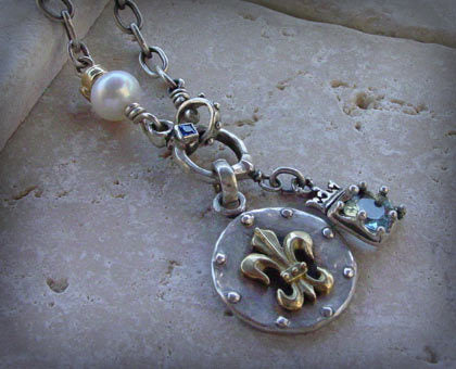Sterling Silver Fleur De Lis Medallion & Crowned Blue Topaz with Pearl Necklace
