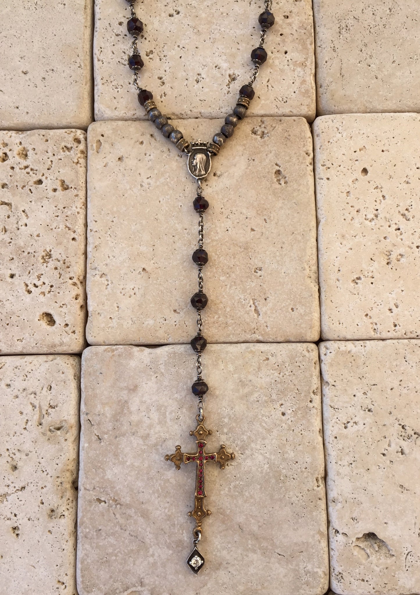 Rosary Necklace Bronze Ruby Cross & Garnets