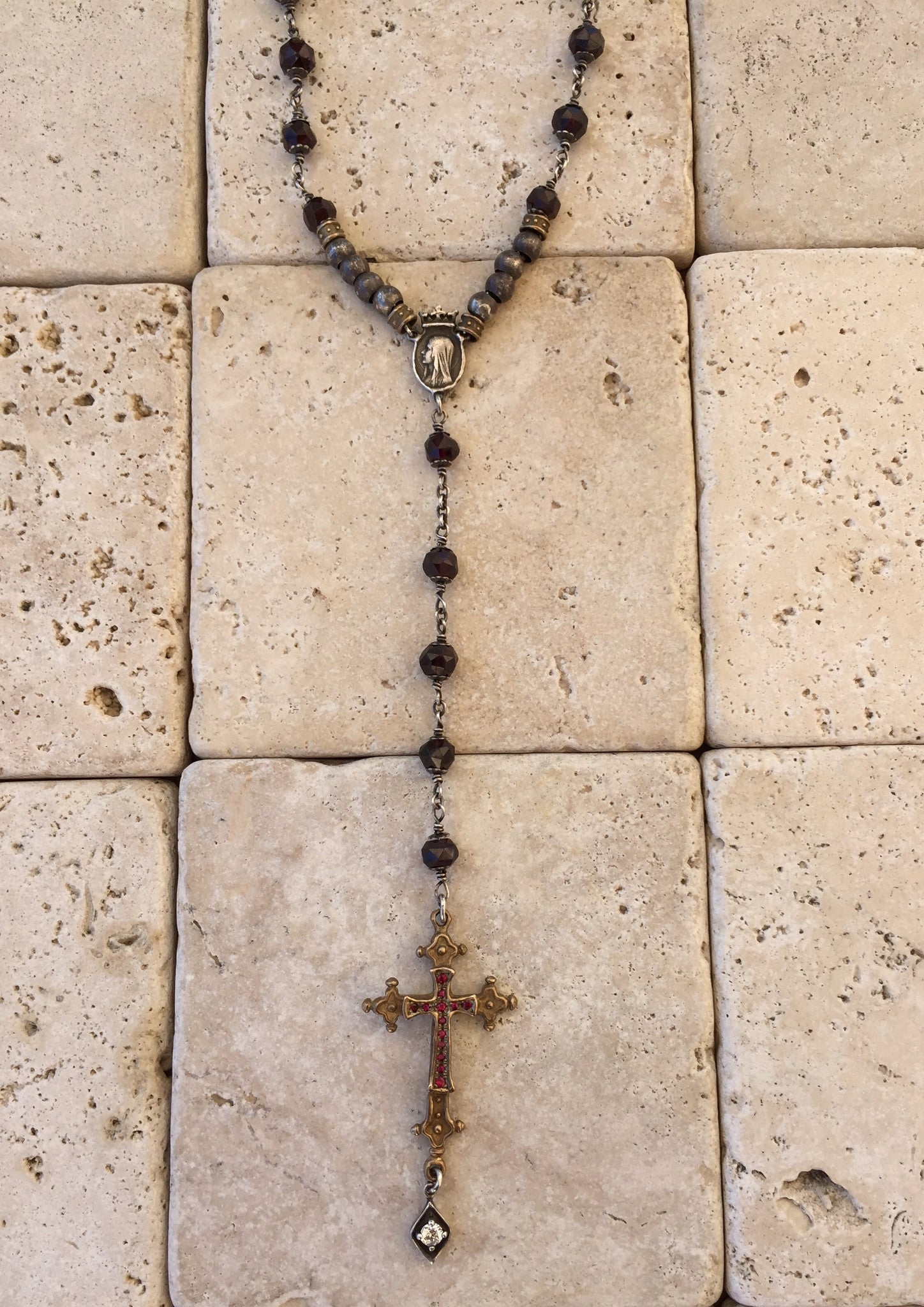 Rosary Necklace Bronze Ruby Cross & Garnets