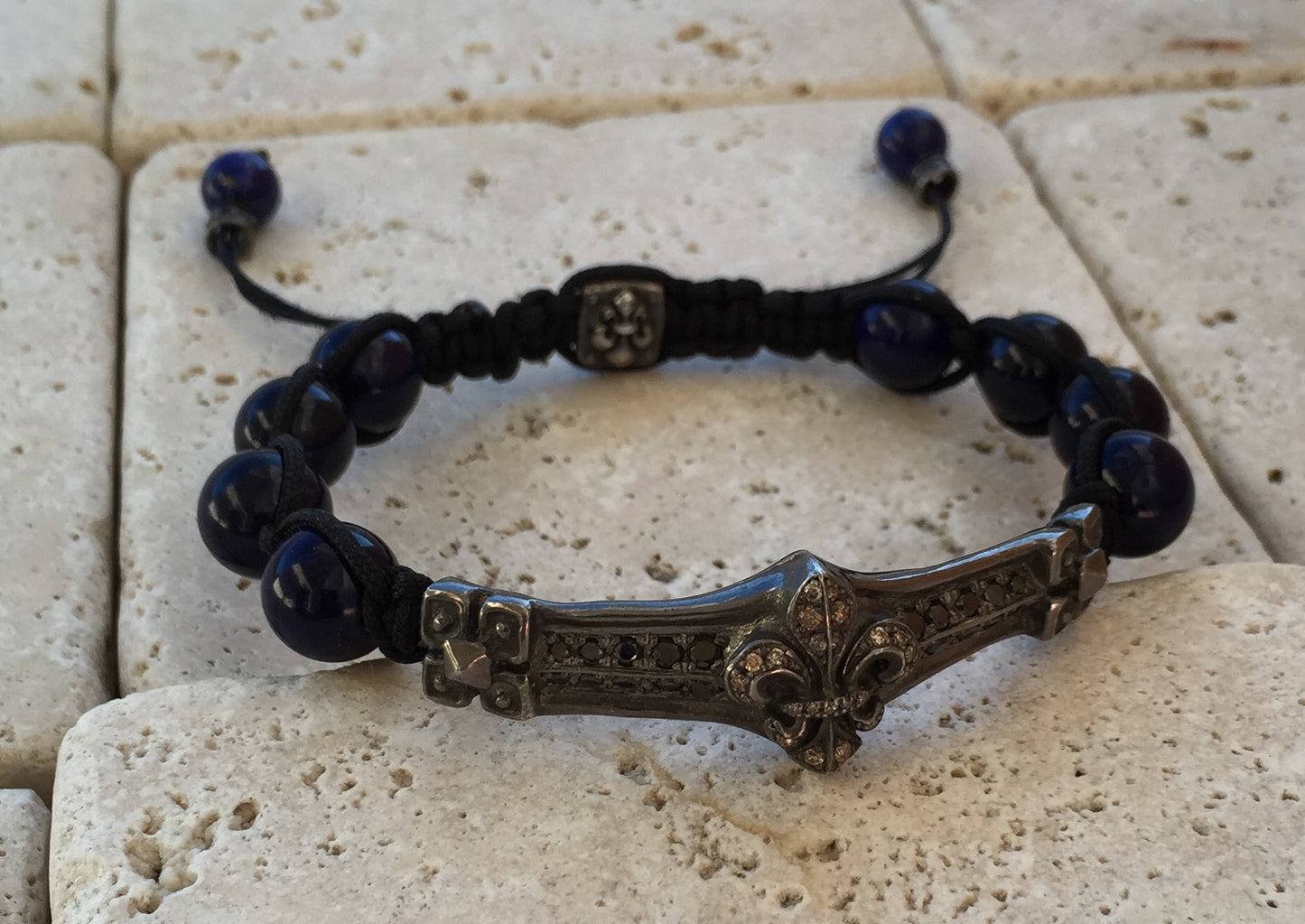 Silver Fleur De Lis w Diamonds & Lapis Beads