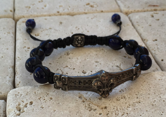 Silver Fleur De Lis w Diamonds & Lapis Beads