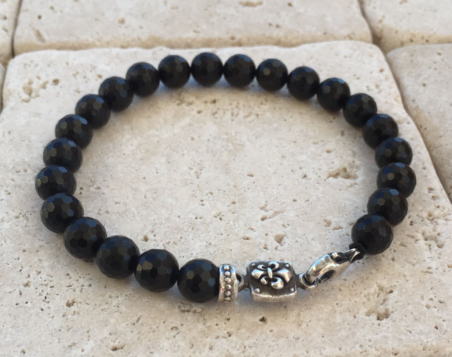 Silver fleur de lis onyx beads silver clasp