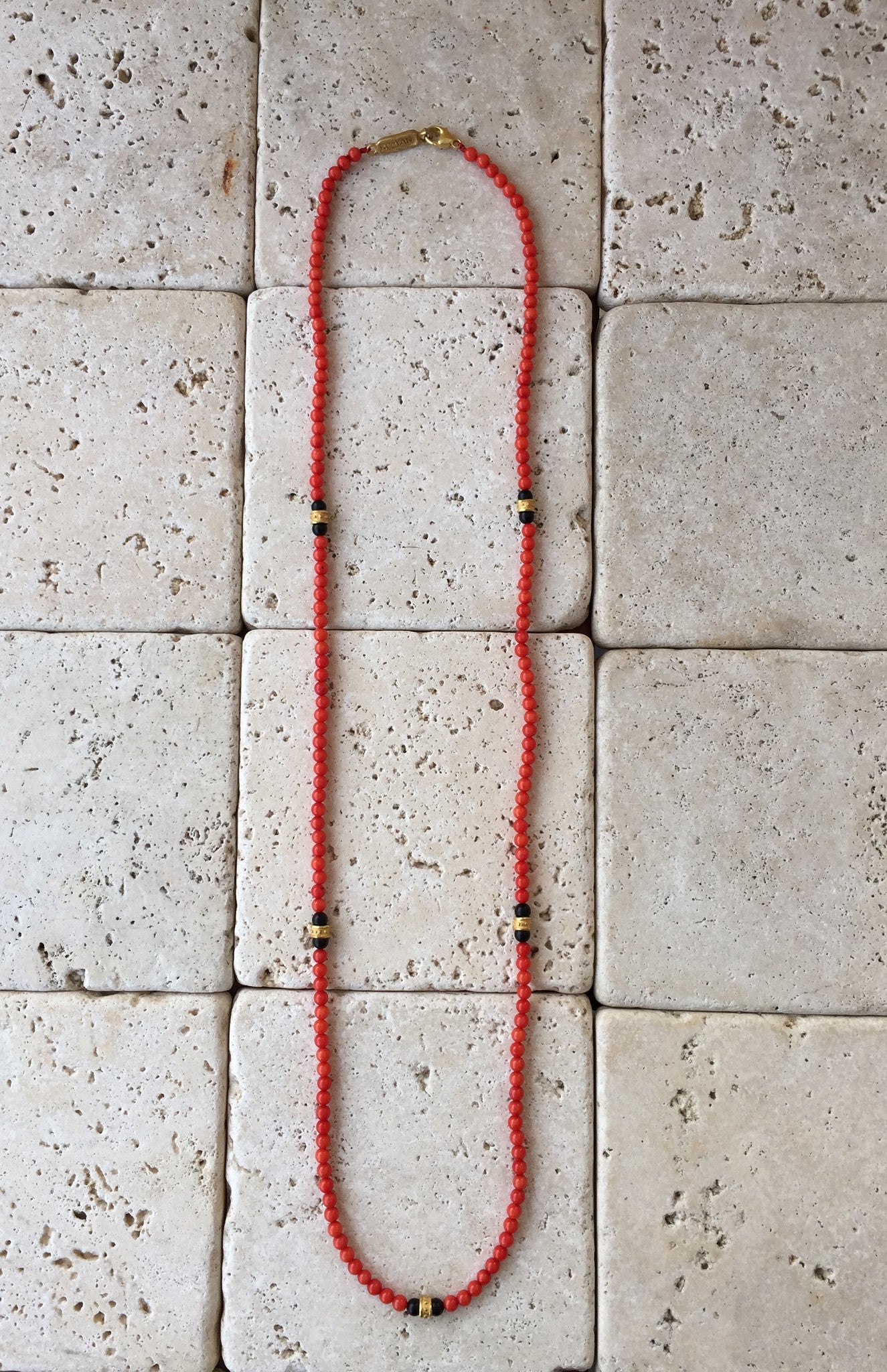 Red Coral Necklace Bronze Rondels by Roman Paul