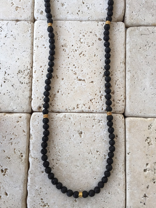 Necklace - Black Lava Beads Bronze Roundels