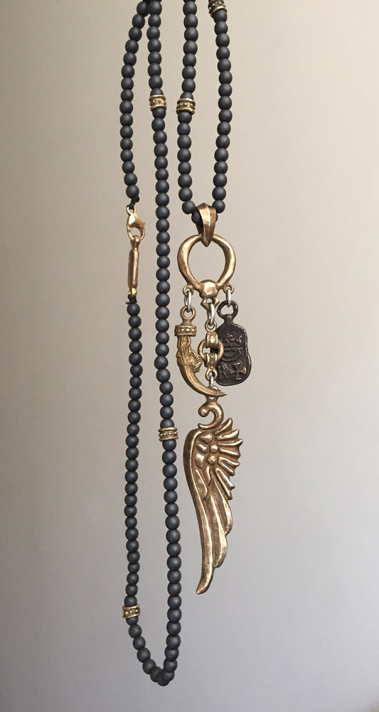 Wing, Clew and Emblem Bronze Art Necklace with Hematite Beads