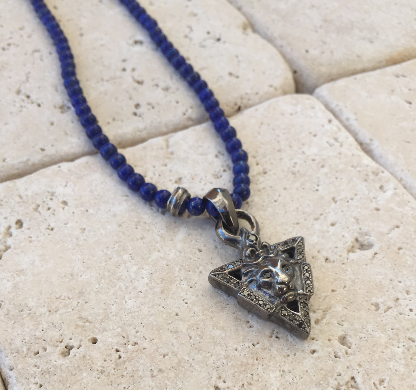 Sterling Silver Emblem with Lion Head & Black Diamonds