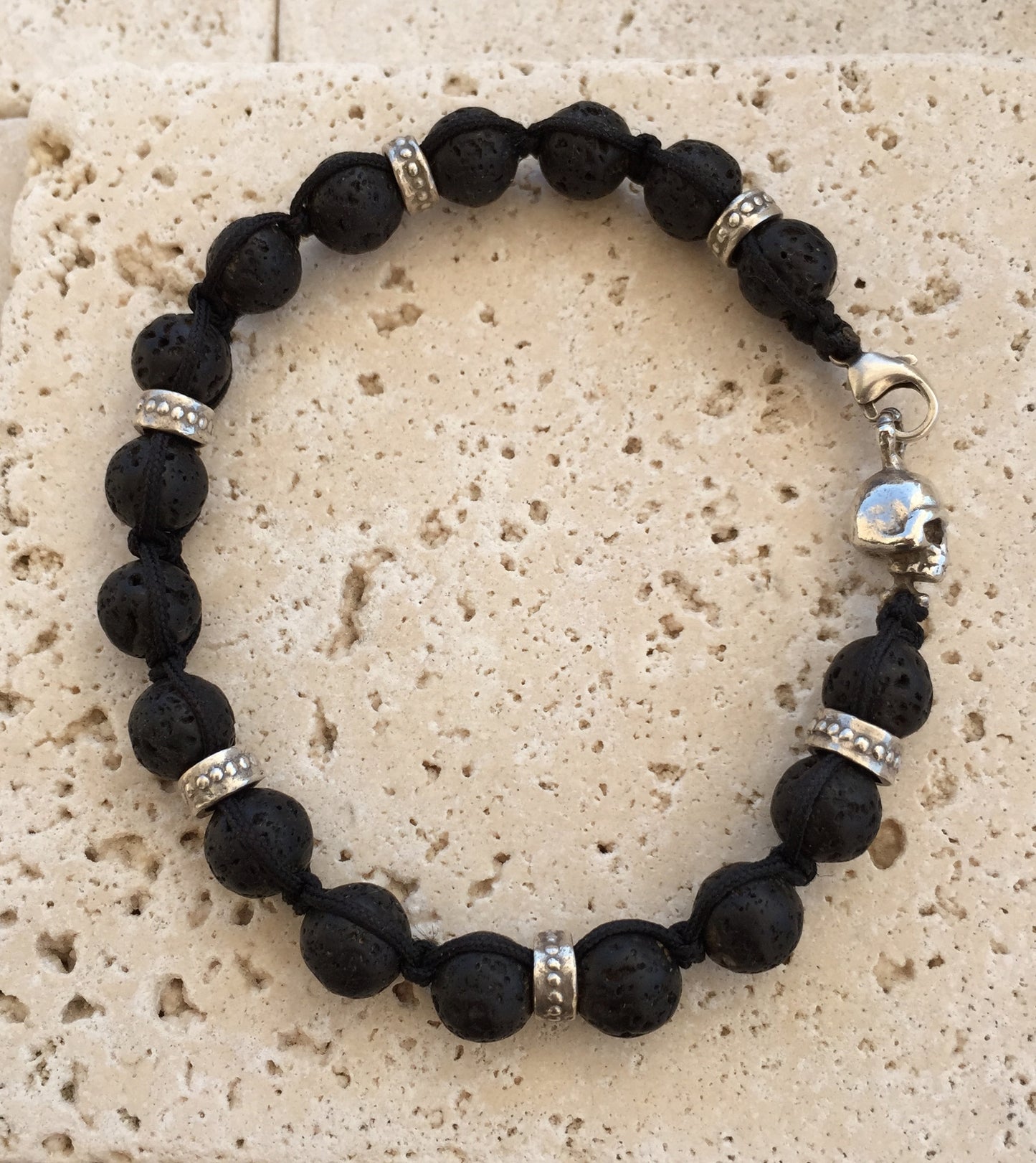 Sterling Silver Skull Bracelet Black Lava Beads & Rondels