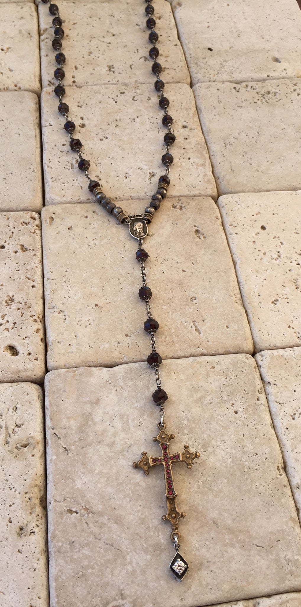 Necklace Bronze/Silver Ruby Cross & Garnets