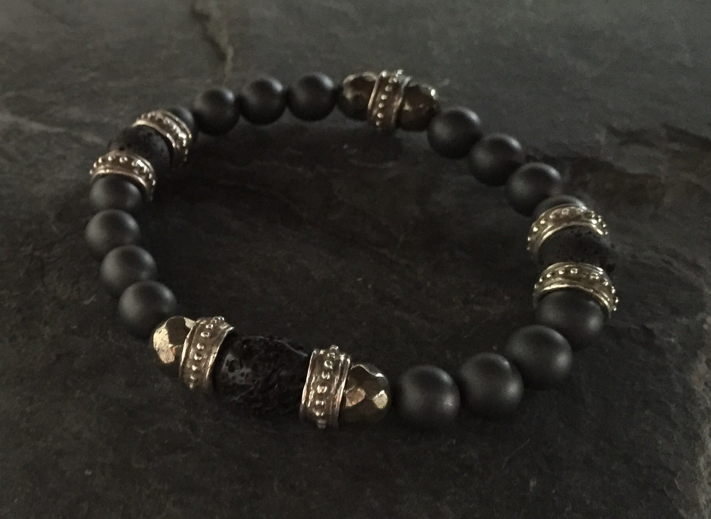 Bracelet - Silver Roundel & Hematite w Lava Beads