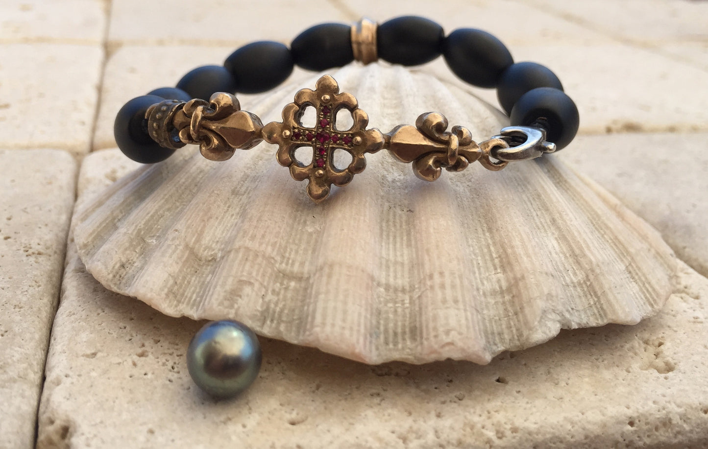 Bracelet - Bronze Fleur De Lis Cross with Rubies