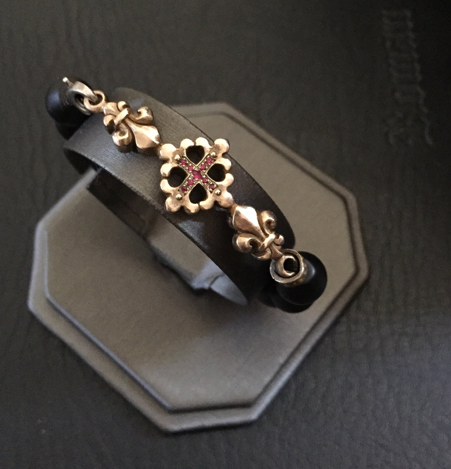 Bracelet - Bronze Fleur De Lis Cross with Rubies