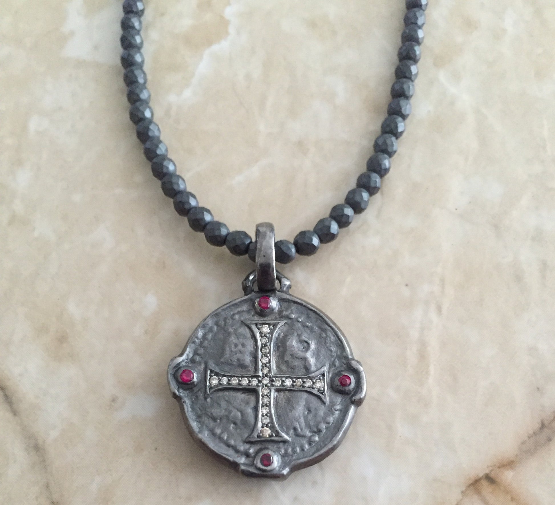 Diamond Cross Medallion & Rubies and hematites
