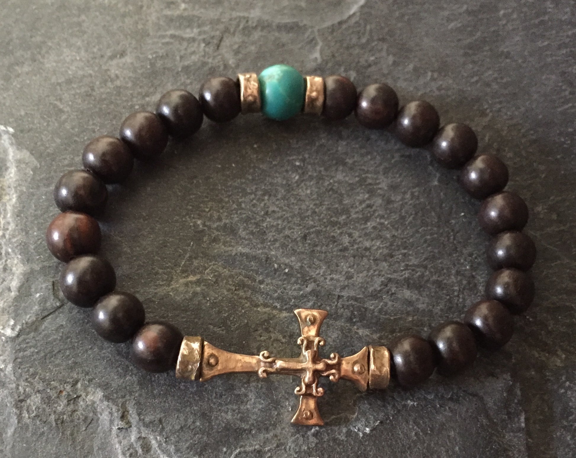 Bracelet - Bronze Roman Cross & Turquoise w Eboney by Roman Paul