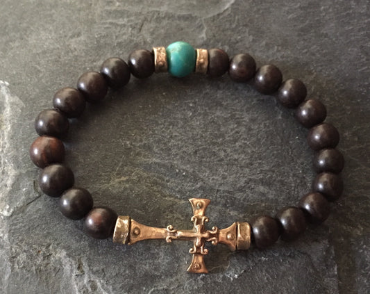 Bracelet - Bronze Roman Cross & Turquoise w Eboney by Roman Paul
