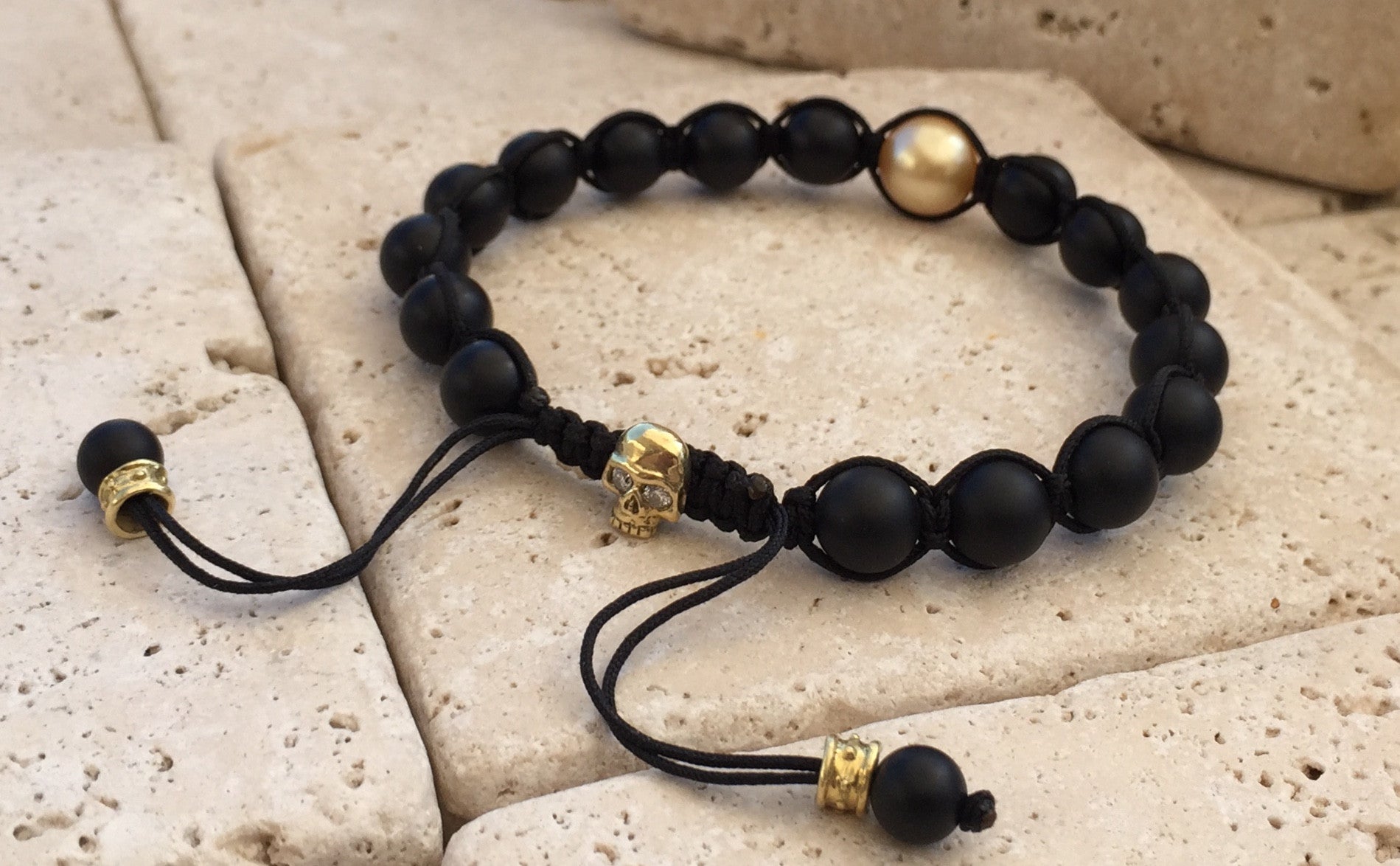 Gold Skull Bracelet with Diamonds South Sea Pearl