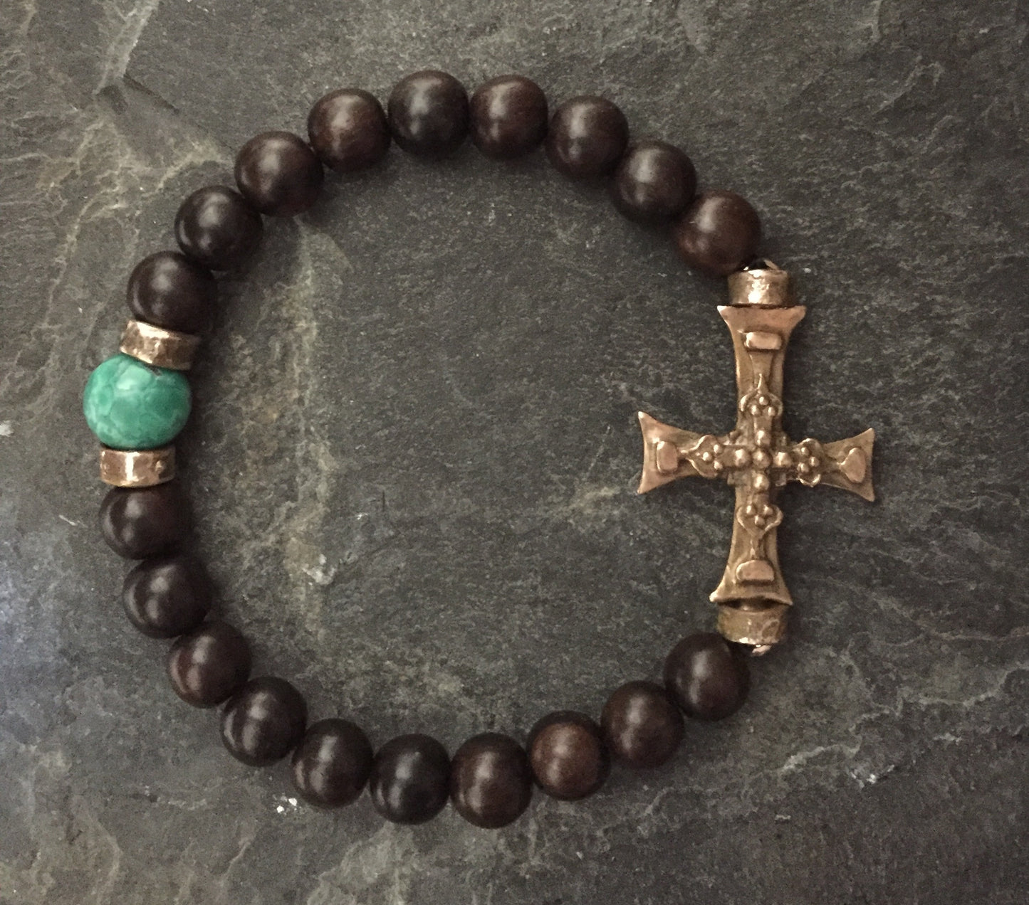 Bracelet - Bronze Roman cross & Turquoise w Eboney by Roman paul