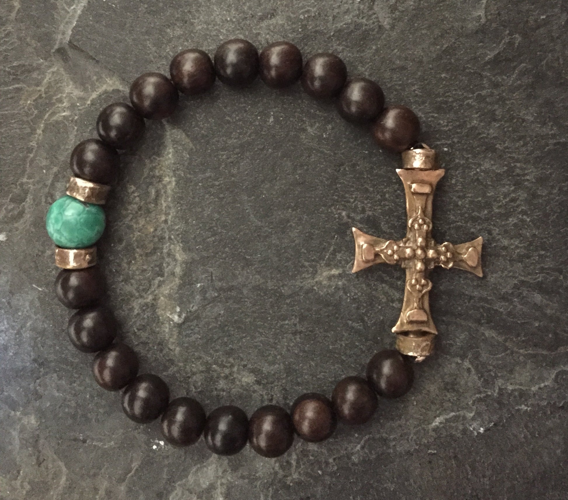 Bracelet - Bronze Roman cross & Turquoise w Eboney by Roman paul
