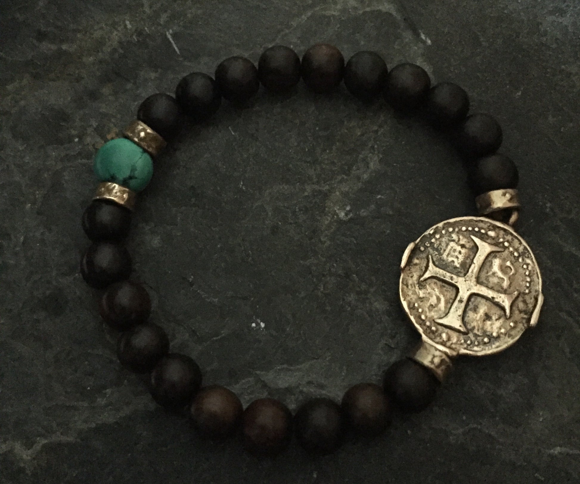 Bracelet - Bronze Medallion Cross & Turquoise Stretcher by Roman Paul