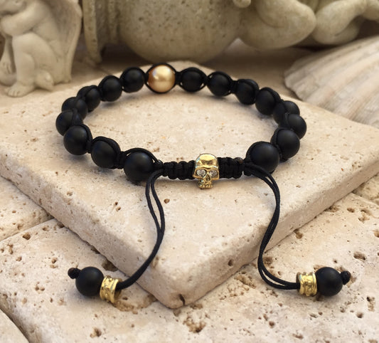 Gold Skull Bracelet Diamond Eyes South Sea Pearl by Roman Paul